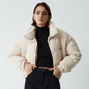 Corduroy Open Collar Puffer Coat